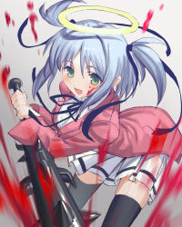 Rule 34 | 1girl, :d, absurdres, bad id, bad pixiv id, black ribbon, black thighhighs, blood, blood on face, blue hair, blush, bokusatsu tenshi dokuro-chan, club, club (weapon), commentary request, excalibolg, gradient background, green eyes, hair between eyes, halo, highres, holding, holding weapon, jacket, kanabou, light blue hair, long sleeves, mimitoke, mitsukai dokuro, open mouth, pink jacket, ribbon, school uniform, short hair, smile, solo, spiked club, thighhighs, two side up, weapon, zettai ryouiki