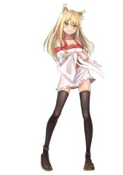 Rule 34 | 1girl, am1m, animal ears, black thighhighs, blonde hair, contrapposto, fox ears, full body, highres, japanese clothes, legs apart, long hair, photoshop (medium), sandals, sengoku youko, simple background, solo, standing, tama youko, thighhighs, white background, yellow eyes