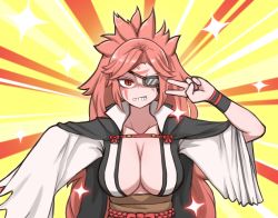Rule 34 | 1girl, absurdres, amputee, anger vein, angry, baiken, big hair, breasts, clenched teeth, closed mouth, collarbone, commentary, commission, emotional engine - full drive, english commentary, eyepatch, facial tattoo, fate/grand order, fate (series), guilty gear, highres, japanese clothes, kataginu, kimono, large breasts, long hair, mata (matasoup), multicolored background, multicolored clothes, multicolored kimono, one-eyed, parted bangs, pink hair, pixiv commission, red eyes, solo, symbol-shaped pupils, tattoo, teeth, upper body, v, very long hair, wristband