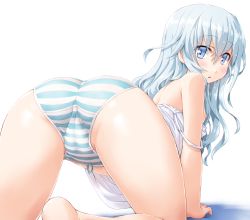 Rule 34 | 1girl, :o, all fours, ass, bare shoulders, blue eyes, blue hair, blush, cameltoe, camisole, cleft of venus, dd (ijigendd), flat chest, from behind, hair between eyes, hibiki (kancolle), kantai collection, long hair, looking at viewer, looking back, off shoulder, open mouth, panties, shiny skin, simple background, solo, strap slip, striped clothes, striped panties, trefoil, underwear, wavy hair, white background