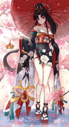 Rule 34 | 1girl, absurdres, bare legs, breasts, cherry blossoms, cleavage, closed mouth, collarbone, dymao, ema, floral print, full body, geta, glint, head tilt, high ponytail, highres, holding, holding umbrella, japanese clothes, kimono, kimono pull, lips, long hair, long sleeves, looking at viewer, medium breasts, motion blur, obi, off shoulder, oil-paper umbrella, onmyoji, outdoors, parted bangs, petals, print kimono, puddle, red eyes, red ribbon, ribbon, sash, short kimono, side slit, smile, solo, spring (season), standing, tabi, tassel, thigh gap, thigh strap, translation request, tree, umbrella, very long hair, walking, water, white legwear, wide sleeves, youtouhime