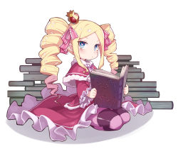 Rule 34 | 1girl, beatrice (re:zero), blonde hair, blue eyes, blush, book, butterfly-shaped pupils, capelet, closed mouth, commentary request, crown, dress, drill hair, hair ribbon, highres, holding, holding book, long hair, long sleeves, looking at viewer, mini crown, mmhomm, pantyhose, re:zero kara hajimeru isekai seikatsu, ribbon, seiza, sidelocks, sitting, solo, striped clothes, striped pantyhose, symbol-shaped pupils, symbol in eye, twin drills, twintails