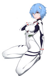 Rule 34 | 1girl, absurdres, ayanami rei, bad id, bad pixiv id, blue hair, bodysuit, breasts, gainax, grey eyes, highres, neon genesis evangelion, nero (nilu), parted lips, plugsuit, seiza, short hair, simple background, sitting, solo, white background