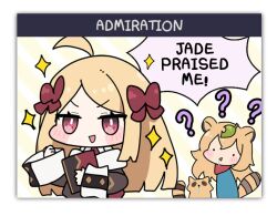 Rule 34 | 1koma, 2girls, ?, ahoge, animal ears, bare shoulders, blonde hair, blush, book, bow, coat, comic, drooling, english text, eversoul, game cg, grey coat, hair between eyes, hair bow, holding, holding book, leaf, leaf on head, long hair, manon (eversoul), medium hair, mouth drool, multiple girls, non-web source, off shoulder, official art, open mouth, raccoon ears, raccoon tail, red eyes, sharinne (eversoul), simple background, sleeves past wrists, sparkle, speech bubble, standing, tail, tanuki, transparent background, triangle mouth