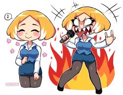 Rule 34 | 10s, 1girl, aggressive retsuko, angry, blouse, blue shirt, blue skirt, breasts, curvy, dual persona, fire, heavy metal, holding, holding microphone, humanization, long eyelashes, long sleeves, markings, microphone, pantyhose, personification, retsuko, shirt, skirt, smile