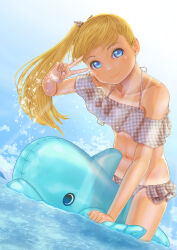 Rule 34 | 1girl, bikini, blonde hair, blue eyes, blue sky, cloud, commentary request, flat chest, grey bikini, highres, inflatable toy, long hair, looking at viewer, navel, original, outdoors, plaid, plaid bikini, side ponytail, sky, smile, solo, sunlight, swimsuit, tan, tanline, uzuki mei, v, wading, water