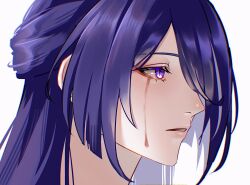 Rule 34 | 1girl, acheron (honkai: star rail), commentary, crying, crying with eyes open, highres, honkai: star rail, honkai (series), long hair, mano (mano mano 5), parted lips, purple eyes, purple hair, simple background, solo, tears, white background