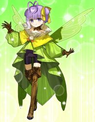 Rule 34 | 1girl, antenna hair, black shorts, boots, bow, brown footwear, brown gloves, closed mouth, dress, fairy wings, fate/grand order, fate (series), full body, gloves, green background, green dress, green wings, hair bow, highres, light particles, looking at viewer, murian (fate), official art, pom pom (clothes), purple eyes, purple hair, short hair, short twintails, shorts, smile, solo, standing, thigh boots, thighhighs, twintails, very short hair, wada arco, wings, yellow bow