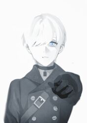 1boy 9s_(nier:automata) black_gloves black_jacket blue_eyes choker commentary english_commentary expressionless gloves highres jacket jisue10 looking_at_viewer male_focus nier:automata nier_(series) parted_lips reaching reaching_towards_viewer short_hair simple_background solo tearing_up upper_body white_background white_hair