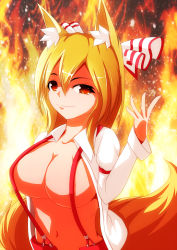 Rule 34 | 1girl, animal ears, blonde hair, bow, breasts, cleavage, cosplay, female focus, fire, fox ears, fox tail, fujiwara no mokou, fujiwara no mokou (cosplay), hair bow, large breasts, merry (diameri), multiple tails, naked suspenders, no headwear, no headwear, open clothes, open shirt, pants, shirt, short hair, smile, solo, suspenders, tail, touhou, yakumo ran, yellow eyes