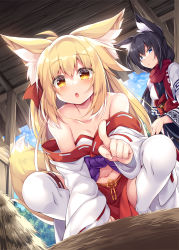 Rule 34 | 2girls, :o, animal ear fluff, animal ears, bare shoulders, barn, black hair, blonde hair, blue eyes, blush, ceiling, collarbone, commentary request, day, fox ears, fox girl, fox tail, hair between eyes, hair ribbon, highres, index finger raised, long hair, long sleeves, looking at another, looking at viewer, multiple girls, navel, off shoulder, original, parted lips, pelvic curtain, red ribbon, red scarf, ribbon, ribbon-trimmed sleeves, ribbon trim, roshin, scarf, squatting, tail, thighhighs, white legwear, wooden ceiling, yellow eyes