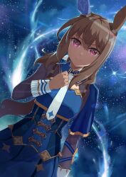 Rule 34 | 1girl, admire vega (umamusume), animal ears, black bodysuit, blue capelet, blue dress, bodysuit, bracer, breasts, brown hair, capelet, clenched hand, closed mouth, commentary request, corset, cowboy shot, detached collar, dress, ear covers, ear ornament, gold trim, hair between eyes, hair ornament, highres, horse ears, horse girl, inomata konomu, long hair, looking at viewer, medium breasts, necktie, night, ponytail, purple eyes, revision, shooting star, sidelocks, single ear cover, sky, sleeveless, sleeveless dress, solo, star (sky), starry sky, umamusume, white necktie