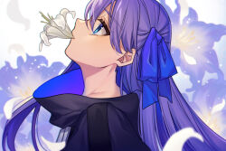 Rule 34 | 1girl, amaryllis (flower), blue eyes, blue ribbon, blurry, blurry background, depth of field, falling petals, fate/extra, fate/extra ccc, fate (series), floral background, flower, flower in mouth, from side, hair between eyes, hair ribbon, karokuchitose, long hair, looking up, meltryllis (fate), mouth hold, petals, portrait, profile, purple flower, purple hair, ribbon, solo, white flower, white petals