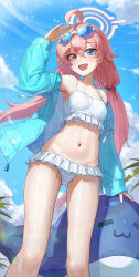 Rule 34 | 1girl, :d, absurdres, ahoge, bikini, blue archive, blue eyes, blue jacket, blue sky, blush, breasts, cloud, collarbone, commentary request, day, eyewear on head, fang, feet out of frame, frilled bikini, frills, hair bobbles, hair ornament, halo, heterochromia, highres, hoshino (blue archive), hoshino (swimsuit) (blue archive), inflatable toy, inflatable whale, jacket, kokukyukeo, korean commentary, looking at viewer, low twintails, navel, official alternate costume, open clothes, open jacket, open mouth, outdoors, pink hair, pink halo, sky, small breasts, smile, solo, standing, sunglasses, swimsuit, twintails, white bikini, yellow eyes
