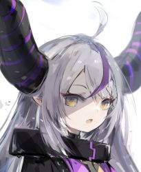 Rule 34 | 1girl, ahoge, collar, commentary request, fang, highres, hololive, holox, horns, la+ darknesss, long hair, looking at viewer, metal collar, multicolored hair, open mouth, orobou, pointy ears, portrait, purple hair, silver hair, simple background, skin fang, solo, streaked hair, striped horns, virtual youtuber, white background, yellow eyes
