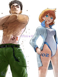 Rule 34 | 1boy, 1girl, abs, belt, breasts, brock (pokemon), brown hair, closed eyes, copyright name, cowboy shot, creatures (company), crossed arms, game freak, green eyes, green pants, highres, jacket, leg tattoo, legs, misty (pokemon), muscular, nintendo, one-piece swimsuit, open mouth, orange hair, pants, pokemon, pokemon hgss, pokemon masters ex, pokemon rgby, simple background, smile, solo, spread legs, standing, swimsuit, tattoo, tongue, tongue out, topless male, water drop, yoruniyoruyoshi
