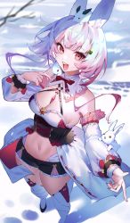 Rule 34 | 1girl, :d, animal ear fluff, animal ears, bare shoulders, belt, between breasts, blunt bangs, breasts, character request, cleavage, commentary, copyright request, detached collar, detached sleeves, from above, gradient hair, highres, ichibi, large breasts, long sleeves, looking at viewer, midriff, multicolored hair, navel, open mouth, outdoors, pink hair, puffy long sleeves, puffy sleeves, rabbit, rabbit ears, rabbit girl, red eyes, short hair with long locks, sidelocks, smile, snow, snowing, solo, standing, symbol-only commentary, thighhighs, white thighhighs