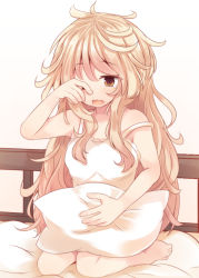 Rule 34 | 1girl, bad id, bad pixiv id, barefoot, bed, beni shake, blonde hair, chemise, gradient background, kirisame marisa, long hair, messy hair, off shoulder, on bed, open mouth, pillow, rubbing eyes, sitting, solo, strap slip, tears, touhou, very long hair, waking up, wariza, wavy mouth, yellow eyes