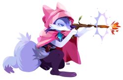 Rule 34 | 1other, aiming, animal hood, blue eyes, brooch, cape, closed mouth, firing, full body, furry, holding, holding wand, hood, hood up, jewelry, on one knee, original, pink cape, signature, simple background, sui (suizilla), tail, wand, white background