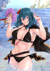 Rule 34 | 1boy, 1girl, absurdres, bare arms, bare shoulders, belt, bikini, black belt, black bikini, black capelet, blue eyes, blue hair, blue sky, breasts, byleth (female) (fire emblem), byleth (female) (summer) (fire emblem), byleth (fire emblem), capelet, cleavage, commentary request, cowboy shot, day, fire emblem, fire emblem: three houses, fire emblem heroes, flower, hair flower, hair ornament, highres, large breasts, long hair, looking at viewer, lorenz hellman gloucester, lorenz hellman gloucester (summer), nail polish, navel, nintendo, ocean, official alternate costume, one eye closed, outdoors, parted lips, purple nails, red flower, ribbon, sky, solo focus, standing, stomach, surfing, swimsuit, thighs, vialnite, wading, water, wrist ribbon