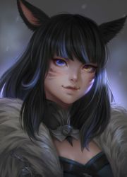 Rule 34 | 1girl, animal ears, warrior of light (ff14), black hair, cat ears, close-up, commission, facial mark, fictional persona, final fantasy, final fantasy xiv, freckles, heterochromia, highres, lianeige, lips, long hair, looking at viewer, miqo&#039;te, solo, whisker markings