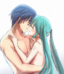 Rule 34 | 1boy, 1girl, aqua hair, arm tattoo, artist name, back, bare arms, bare back, bare shoulders, blue hair, blush, closed eyes, collarbone, completely nude, couple, hair over eyes, hands on another&#039;s shoulders, happy, hatsune miku, hetero, hug, imminent kiss, kaito (vocaloid), long hair, neck, nude, open mouth, salovesy, short hair, sketch, smile, tattoo, twintails, twitter username, upper body, very long hair, vocaloid