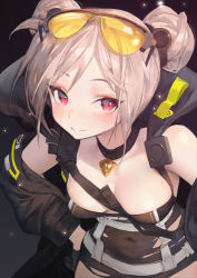 Rule 34 | 1girl, absurdres, bare shoulders, black background, black coat, black gloves, breasts, charles (106858), choker, cleavage, closed mouth, coat, covered navel, double bun, eyewear on head, girls&#039; frontline, gloves, hair bun, hand on own hip, highres, leaning forward, light brown hair, looking at viewer, off shoulder, open clothes, open coat, orange-tinted eyewear, p90 (girls&#039; frontline), red eyes, smile, solo, sunglasses, sunglasses on head, tareme, tinted eyewear, torn clothes, upper body