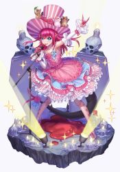 Rule 34 | 1girl, :d, \n/, animal, animal on head, arm up, armpits, artist logo, bare shoulders, blood, blue eyes, blue ribbon, box (hotpppink), candle, choker, circle skirt, coffin, collarbone, detached sleeves, dragon girl, dragon tail, dress, elizabeth bathory (fate), elizabeth bathory (fate/extra ccc), elizabeth bathory (third ascension) (fate), fang, fate/grand order, fate (series), floating hair, flower, frilled choker, frilled dress, frilled sleeves, frills, full body, hair between eyes, hat, hat flower, holding, holding microphone, layered dress, legs apart, long hair, looking at viewer, microphone, microphone stand, on head, open mouth, outstretched arm, pig, pink dress, pink flower, pink hair, pink hat, pink rose, pointy ears, polka dot, polka dot dress, pool of blood, ribbon, rose, short dress, simple background, skull, sleeveless, sleeveless dress, smile, solo, sparkle, squirrel, stage lights, standing, striped clothes, striped dress, striped headwear, tail, tail flower, tail ornament, tail ribbon, top hat, v-shaped eyebrows, vertical-striped clothes, vertical-striped dress, vertical-striped headwear, white background, white choker, white footwear, wide sleeves, wrist cuffs