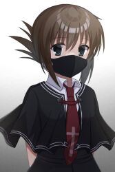 Rule 34 | 1girl, alternate color, aqua eyes, arms behind back, black capelet, black mask, black shirt, brown hair, capelet, collared shirt, commentary, company connection, cross print, eyes visible through hair, grey background, hair between eyes, looking at viewer, mahigu re, mask, medium hair, mouth mask, necktie, red necktie, school uniform, shirt, simple background, solo, subarashiki hibi, symbol-only commentary, tachibana kimika, tsui no sora (remake), upper body