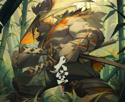 Rule 34 | 1boy, abs, bamboo, bamboo forest, bara, bear boy, beard, chest tuft, facial hair, feet out of frame, fighting stance, forest, full beard, furry, furry male, hat, large hands, large pectorals, long hair, luerstine, male focus, mature male, muscular, muscular male, nature, nipples, original, pectorals, ready to draw, ronin, solo, standing, strongman waist, sun hat, thick beard, thick eyebrows, topless male, very long hair