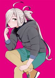 Rule 34 | 10s, 1girl, ahoge, alternate costume, asashimo (kancolle), brown eyes, casual, green shorts, grey jacket, hair over one eye, jacket, kantai collection, long hair, ojipon, pantyhose, pink background, ponytail, shoes, shorts, silver hair, simple background, sitting, sneakers, solo, yellow pantyhose