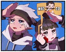 3boys arm_up black_eyes black_hair blue_background blue_eyes blue_hoodie cellphone character_request double_bun drawstring hair_bun holding holding_phone hood hood_down hoodie luo_xiaohei_zhanji male_focus multiple_boys nezha_(the_legend_of_luoxiaohei) nploser open_mouth phone simple_background smartphone white_hair yi_feng_(the_legend_of_luoxiaohei)