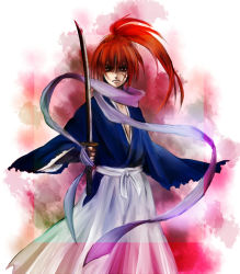 Rule 34 | 1boy, a mimimi, blood, framed, frown, himura kenshin, japanese clothes, katana, male focus, ponytail, red hair, rurouni kenshin, scar, scarf, solo, sword, weapon