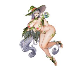 Rule 34 | 1girl, :p, @ @, absurdly long hair, ass, bodypaint, breasts, circe (last origin), cleavage, collar, collarbone, detached collar, feet, flower, flower bikini, full body, game cg, green collar, green eyes, green footwear, green nails, green wristband, groin, hair between eyes, hat, highres, huge breasts, last origin, leaf, long hair, looking at viewer, nail polish, navel, nude, official alternate costume, official art, open mouth, plant, potion, purple flower, red flower, solo, straddling, tachi-e, taesi, thighs, toeless footwear, tongue, tongue out, transparent background, very long hair, vines, witch, witch hat, wristband