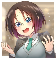 Rule 34 | 1girl, black hair, blue eyes, blush, business suit, elma (maidragon), embarrassed, formal, glasses, highres, kobayashi-san chi no maidragon, multicolored hair, necktie, office lady, open mouth, purple hair, solo, suit