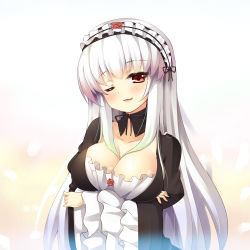 Rule 34 | 00s, 1girl, ;), areola slip, asa (swallowtail), blush, breast hold, breasts, cleavage, crossed arms, hairband, highres, large breasts, lolita hairband, long hair, looking at viewer, one eye closed, red eyes, rozen maiden, silver hair, smile, solo, suigintou, white background, wink