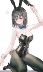 Rule 34 | 1girl, anger vein, animal ears, bare shoulders, black footwear, black hair, black leotard, black pantyhose, blue bow, blue bowtie, blue eyes, bow, bowtie, breasts, cleavage, closed mouth, collarbone, commentary request, detached collar, fake animal ears, fake tail, highres, huwari (dnwls3010), kneeling, leotard, medium breasts, original, pantyhose, playboy bunny, rabbit ears, rabbit tail, shoes, short hair, solo, tail