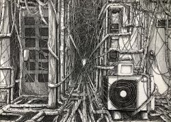 Rule 34 | absurdres, air conditioner, alley, bottle, box, cable, commentary request, crosshatching, door, greyscale, hatching (texture), highres, ibsukionsen, industrial pipe, monochrome, no humans, original, scenery, too many, traditional media, water bottle