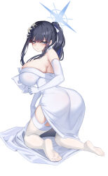 Rule 34 | 1girl, absurdres, ass, black hair, blue archive, blue hair, breasts, dress, garter straps, gloves, highres, kneeling, large breasts, looking at viewer, looking back, official alternate costume, ponytail, saori (blue archive), saori (dress) (blue archive), sidelocks, simple background, simsim han-u, soles, strapless, strapless dress, thighhighs, toes, white background, white dress, white garter straps, white gloves, white thighhighs