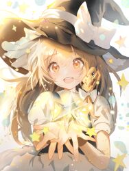 Rule 34 | 1girl, :d, absurdres, black hat, black vest, blonde hair, bow, braid, commentary request, dress, hair bow, hat, hat bow, highres, kirisame marisa, long hair, looking at viewer, open mouth, puffy short sleeves, puffy sleeves, short sleeves, single braid, smile, solo, sparkle, star (symbol), touhou, upper body, uroam, vest, white bow, white dress, witch hat, yellow eyes