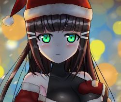 Rule 34 | 1girl, aqua eyes, artist name, artist request, bare shoulders, black hair, blush, breasts, collarbone, female focus, green eyes, hair ornament, hairclip, hat, highres, kurosawa dia, long hair, looking at viewer, love live!, love live! sunshine!!, medium breasts, mole, mole under mouth, moon, night, night sky, parted lips, santa hat, sky, smile, solo, sonproject, upper body