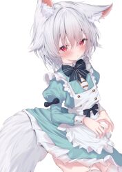 Rule 34 | 1girl, animal ear fluff, animal ears, apron, black bow, blush, bow, bowtie, closed mouth, cowboy shot, dress, eip (pepai), fox ears, fox tail, frilled apron, frills, garter straps, green dress, grey hair, long sleeves, looking at viewer, looking up, maid, original, red eyes, simple background, solo, tail, thighhighs, white apron, white background, white thighhighs