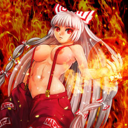 Rule 34 | 1girl, bow, breasts, censored, convenient censoring, female focus, fire, fire, fujiwara no mokou, hair bow, hair ribbon, large breasts, long hair, naked suspenders, navel, ofuda, pants, red eyes, ribbon, silver hair, solo, sparks, suspenders, topless, touhou, yamasan (hachiman)
