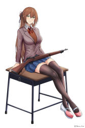 Rule 34 | 1girl, absurdres, bolt action, bow, breasts, brown hair, cosplay, doki doki literature club, girls&#039; frontline, green eyes, gun, hair bow, hair ribbon, highres, jacket, large breasts, long hair, long sleeves, looking at viewer, m1903 springfield, matsu arts, monika (doki doki literature club), monika (doki doki literature club) (cosplay), over-kneehighs, ponytail, ribbon, rifle, school uniform, shirt, shoes, sidelocks, sitting, skirt, smile, solo, springfield (girls&#039; frontline), table, thighhighs, twitter username, very long hair, weapon, white background, white bow, white ribbon