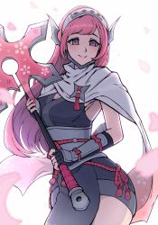 Rule 34 | 1girl, absurdres, breasts, cape, cherche (fire emblem), cleavage, curvy, fingerless gloves, fire emblem, fire emblem awakening, fire emblem heroes, floral print, gloves, headband, highres, holding, holding weapon, lips, long hair, medium breasts, ninja, nintendo, official alternate costume, petals, phiphi-au-thon, pink hair, shuriken, smile, solo, swept bangs, tassel, thighs, weapon, white cape, wrist guards