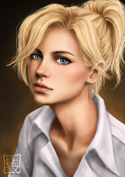 Rule 34 | 1girl, blonde hair, blue eyes, brown background, casual, collarbone, collared shirt, highres, lips, mercy (overwatch), nose, overwatch, overwatch 1, ponytail, portrait, realistic, shirt, solo, trixia, watermark, white shirt