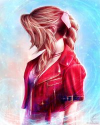 Rule 34 | 1girl, aerith gainsborough, artist name, blue background, braid, breasts, brown hair, buckle, commentary, cropped jacket, dress, english commentary, facing away, final fantasy, final fantasy vii, final fantasy vii remake, from side, hair ribbon, highres, instagram username, jacket, jewelry, long hair, looking away, medium breasts, necklace, open clothes, open jacket, pink dress, pink ribbon, red jacket, ribbon, side braid, signature, single braid, solo, square enix, tylor hepner, upper body, watermark, zipper