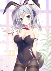 Rule 34 | 10s, 1girl, :d, alternate costume, animal ears, arm behind back, arm garter, bad id, bad pixiv id, bare shoulders, holding behind back, black leotard, black pantyhose, blue eyes, blurry, blurry background, blush, bow, breasts, circle name, cleavage, commentary request, covered navel, detached collar, fake animal ears, frilled hairband, frills, hairband, head tilt, holding, holding tray, jar, kantai collection, kashima (kancolle), large breasts, leotard, long hair, looking at viewer, maid headdress, open mouth, pantyhose, pink bow, plant, playboy bunny, potted plant, rabbit ears, red ribbon, ribbon, shiny clothes, sidelocks, silver hair, skin tight, smile, solo, sousouman, strapless, strapless leotard, table, thighband pantyhose, tray, tsurime, twintails, water, wavy hair, wrist cuffs