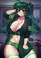 Rule 34 | 1girl, :3, ahoge, arm behind head, bed, bedroom, bra, breasts, cleavage, computer, crawling dreams, curvy, fang, green bra, green eyes, green hair, green panties, green shirt, hacker, hand in pocket, highres, huge breasts, midriff, navel, open clothes, open shirt, osiimi, panties, revealing clothes, shirt, shu (crawling dreams), striped clothes, striped thighhighs, thick thighs, thighhighs, thighs, twintails, underwear, white thighhighs