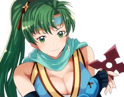 1girl blue_gloves blue_headband blue_scarf breasts cleavage closed_mouth elbow_gloves fingerless_gloves fire_emblem fire_emblem:_the_blazing_blade gloves green_eyes green_hair hair_intakes headband holding holding_weapon large_breasts long_hair lyn_(fire_emblem) nintendo ponytail rem_(eyes_410) scarf simple_background smile solo upper_body very_long_hair weapon white_background